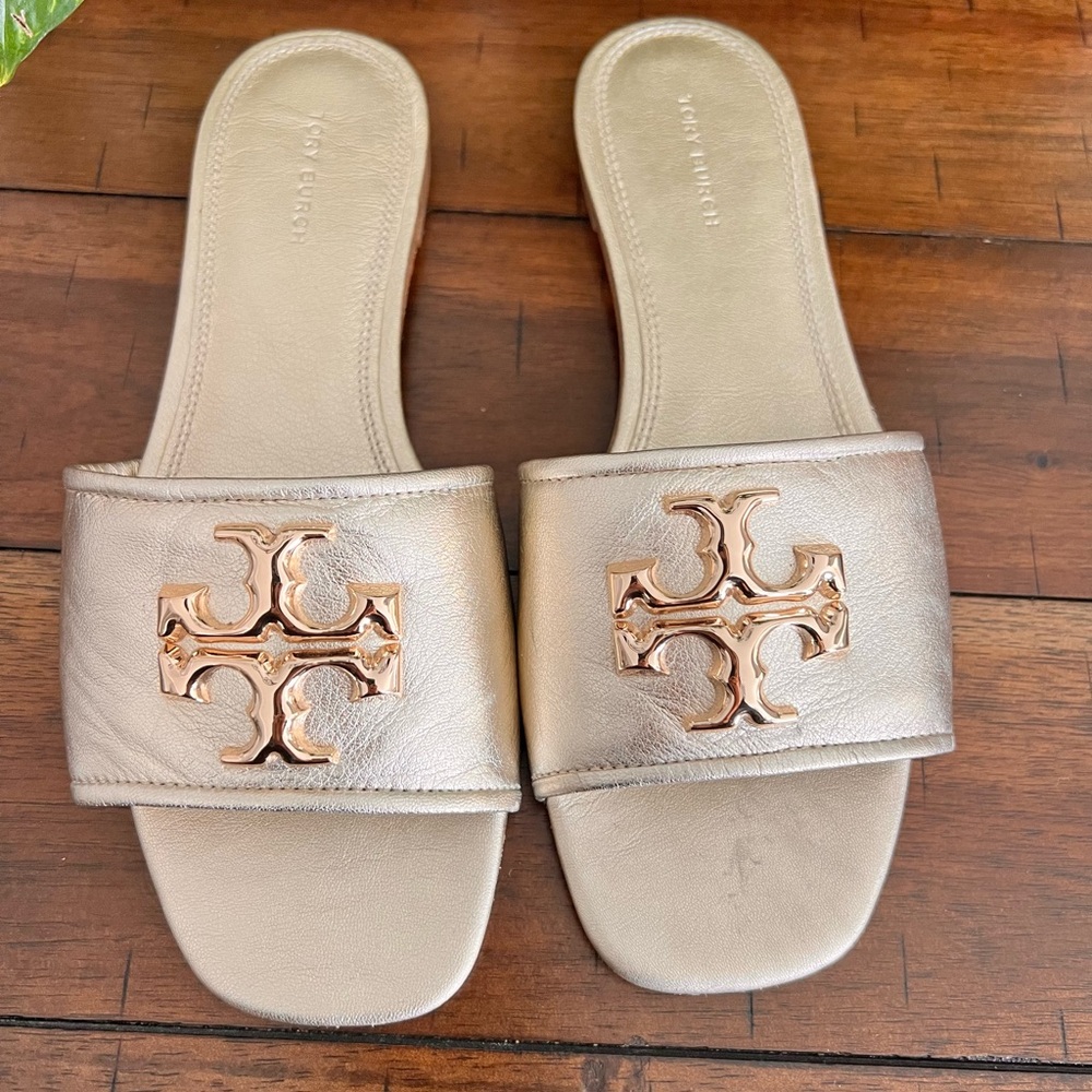 Tory Burch Logo Gold Leather Women's Slide Sandals 7.5